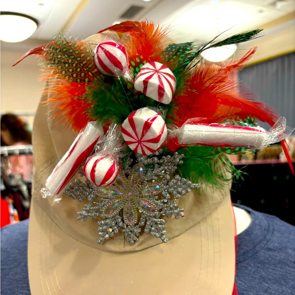 Hand emblished Christmas cap. Adjustable tan cap